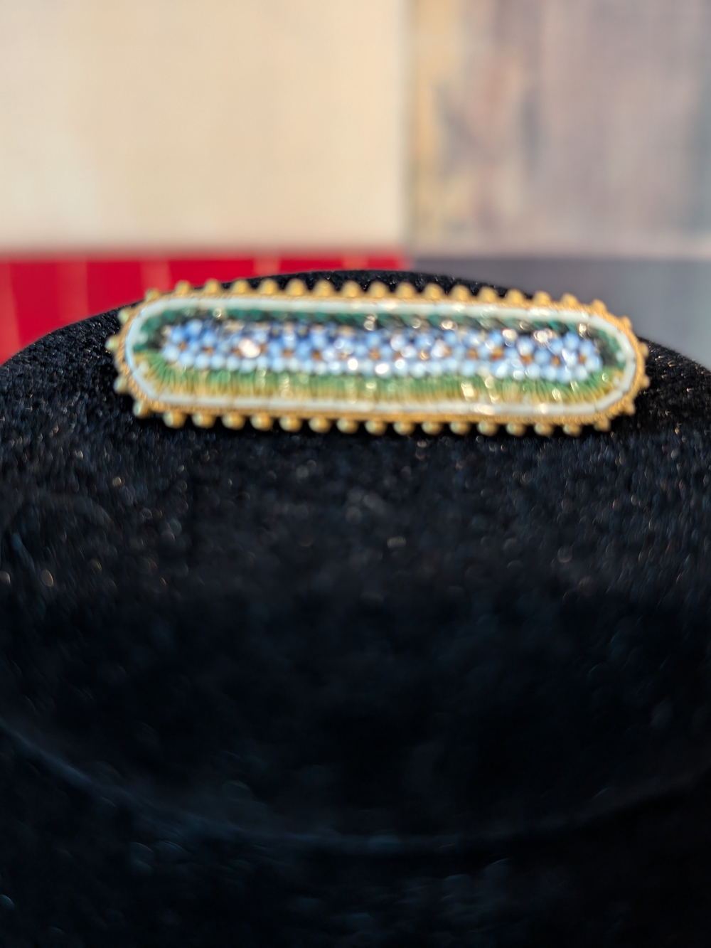 Vintage Italian Micro Mosaic Bar Brooch Blue Floral Pin Late Victorian Edwardian